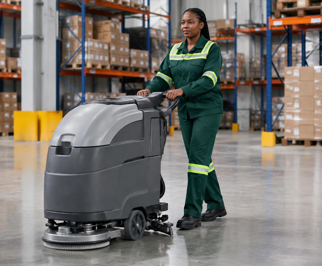 CLEANOVA professional operating an industrial floor cleaning machine